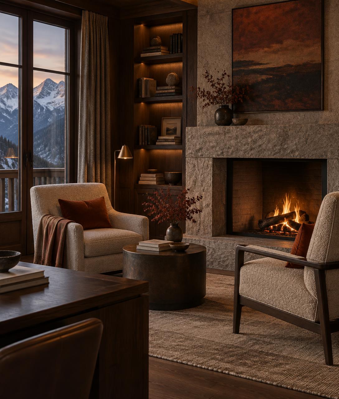 Ruhiger privater Raum mit Sessel und Bergblick